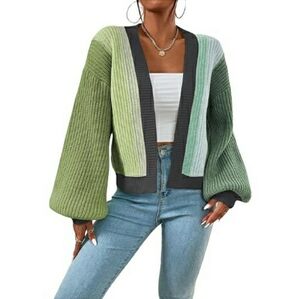 Women's Open Front Long Sleeve Ribbed Knit Cropped Cardigan Sweater Green